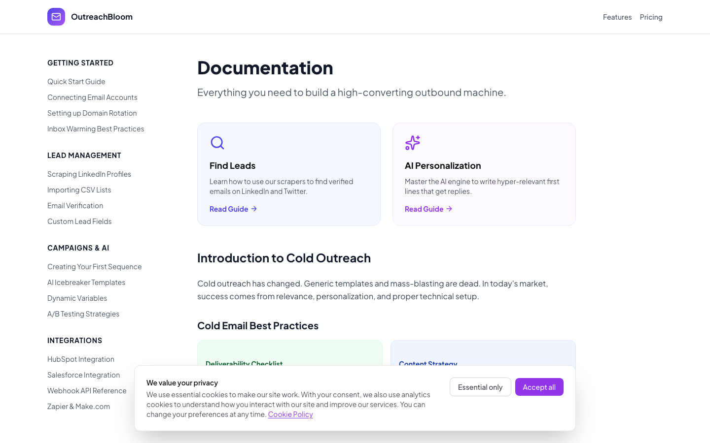 OutreachBloom documentation and sequence builder guides