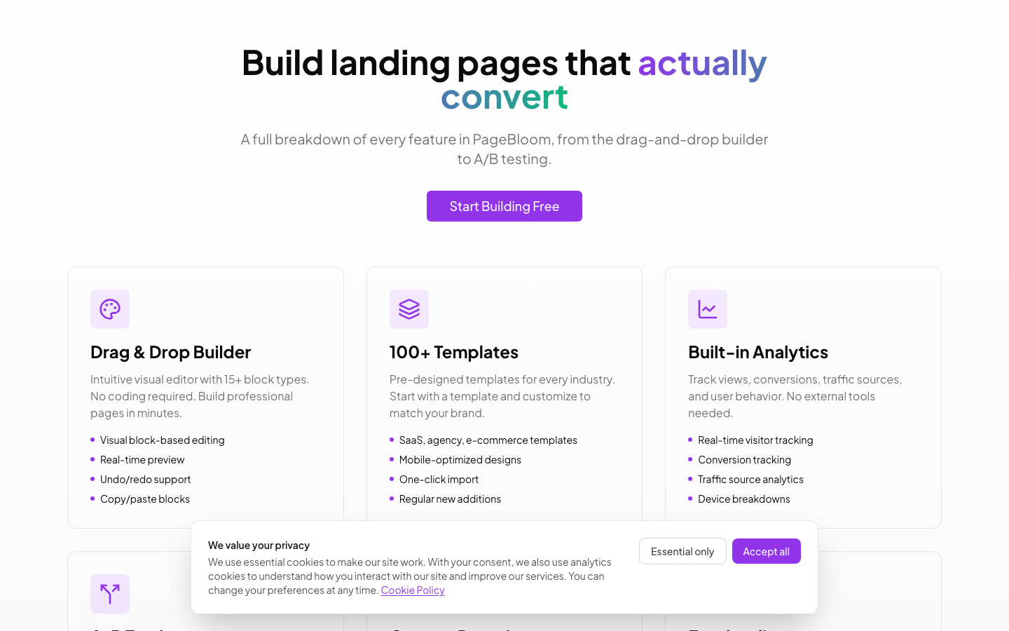 PageBloom drag-and-drop builder with A/B testing