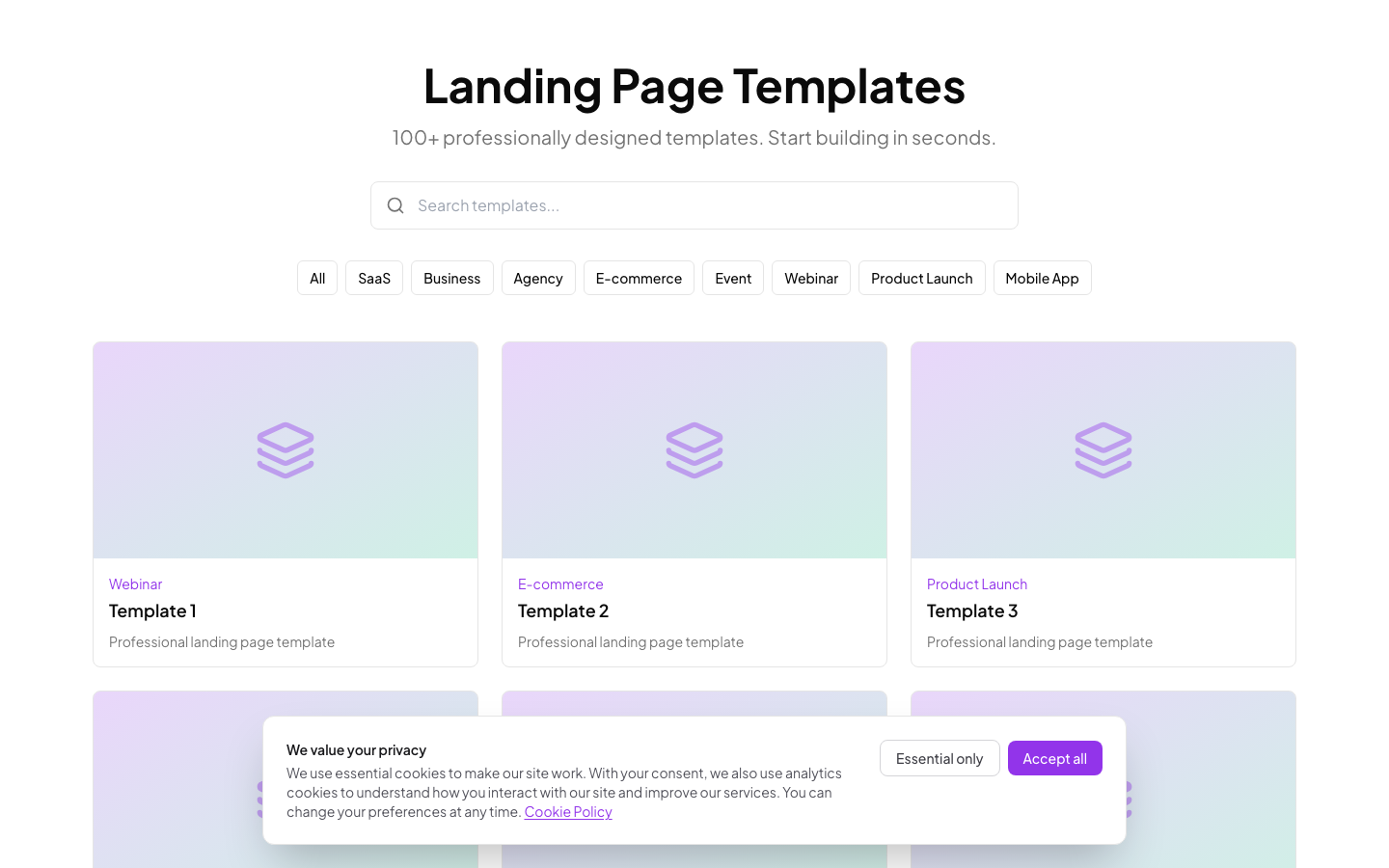 PageBloom template gallery with 100+ ready-to-use designs