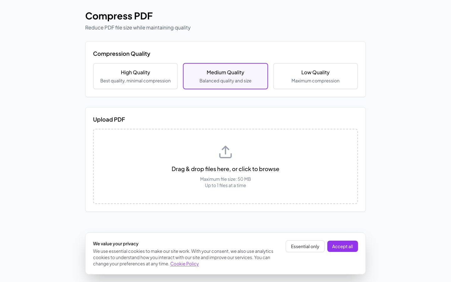 Compress PDF tool with quality settings
