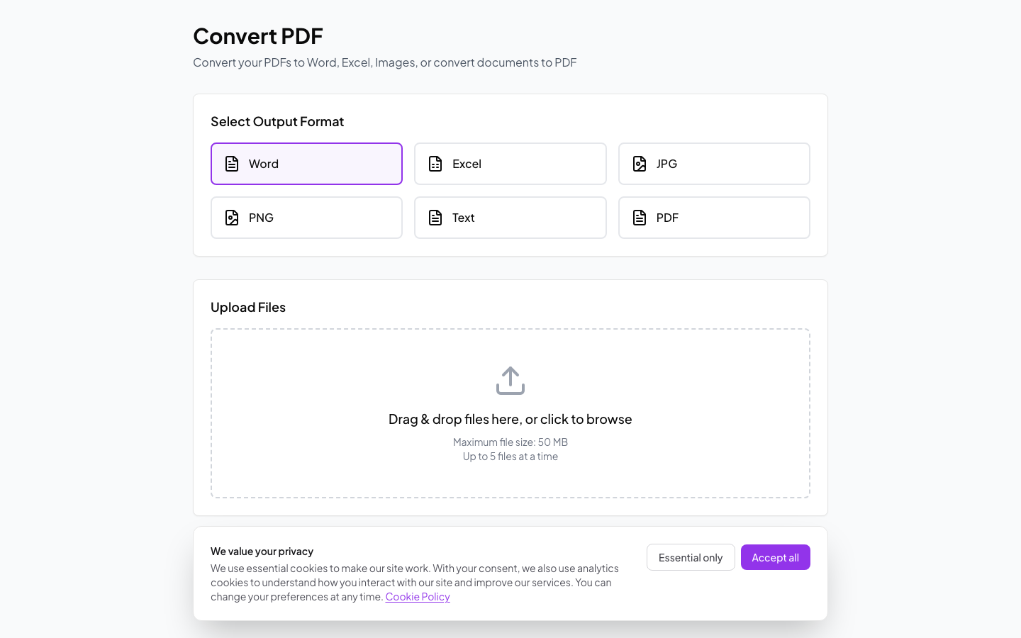Convert tool supporting PDF to Word, Excel, and images