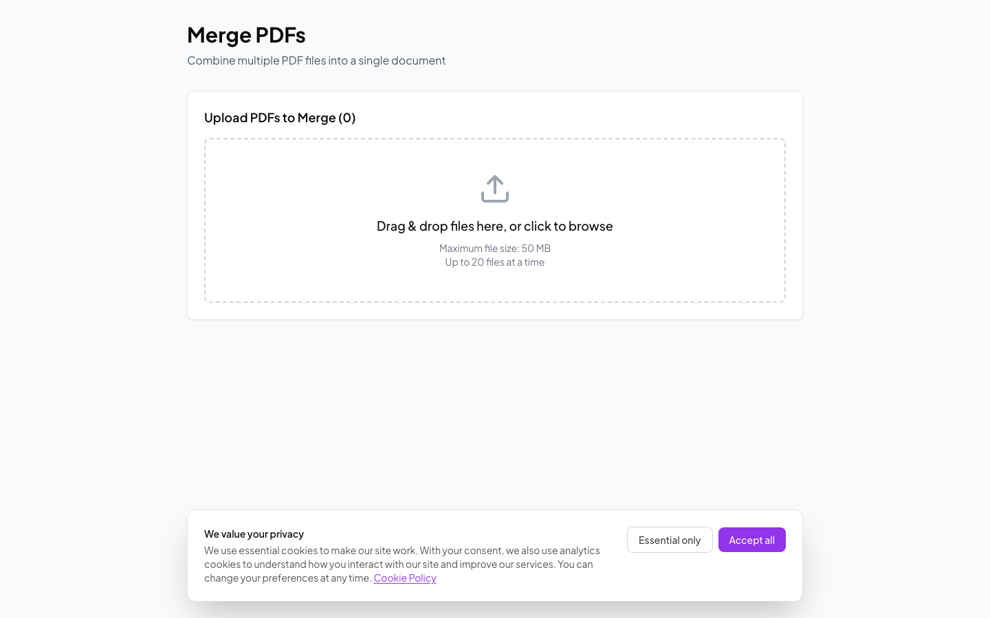 Merge PDFs tool with drag-and-drop file ordering