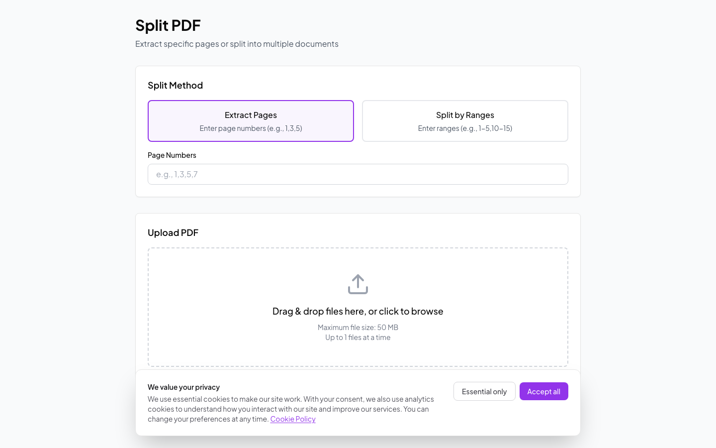Split PDF tool with page range selection
