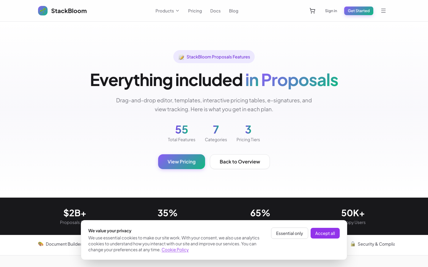 Proposals features page showing all capabilities