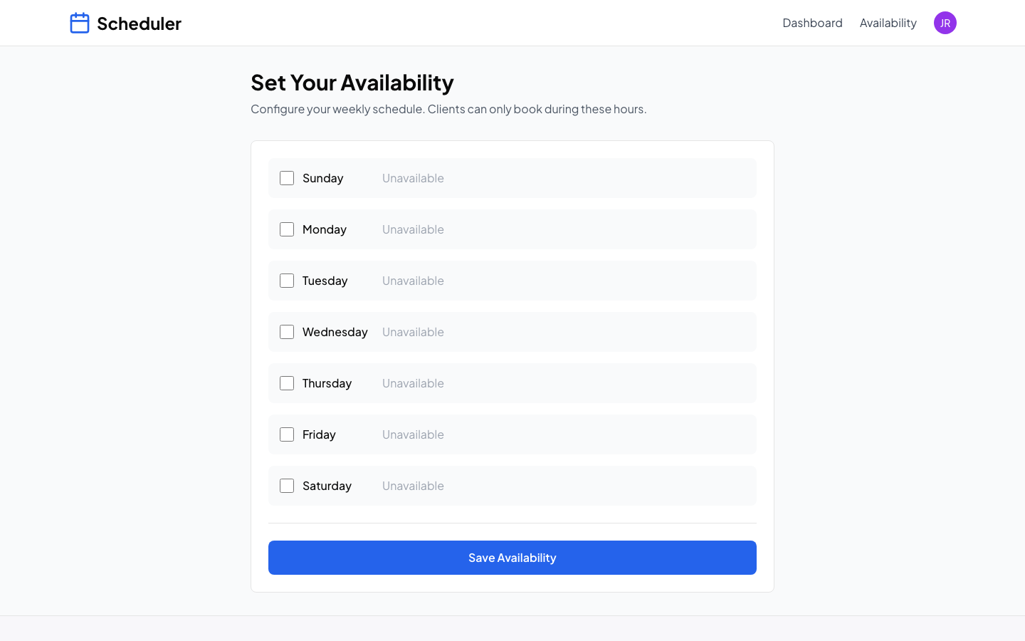 Availability settings with weekly schedule configuration