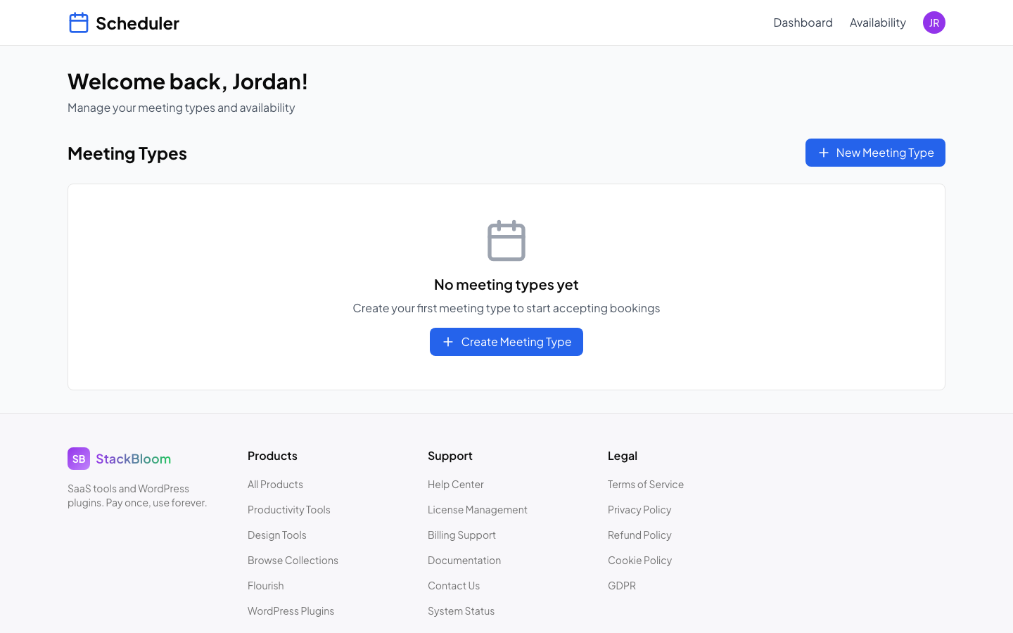Scheduling dashboard showing upcoming bookings and meeting types