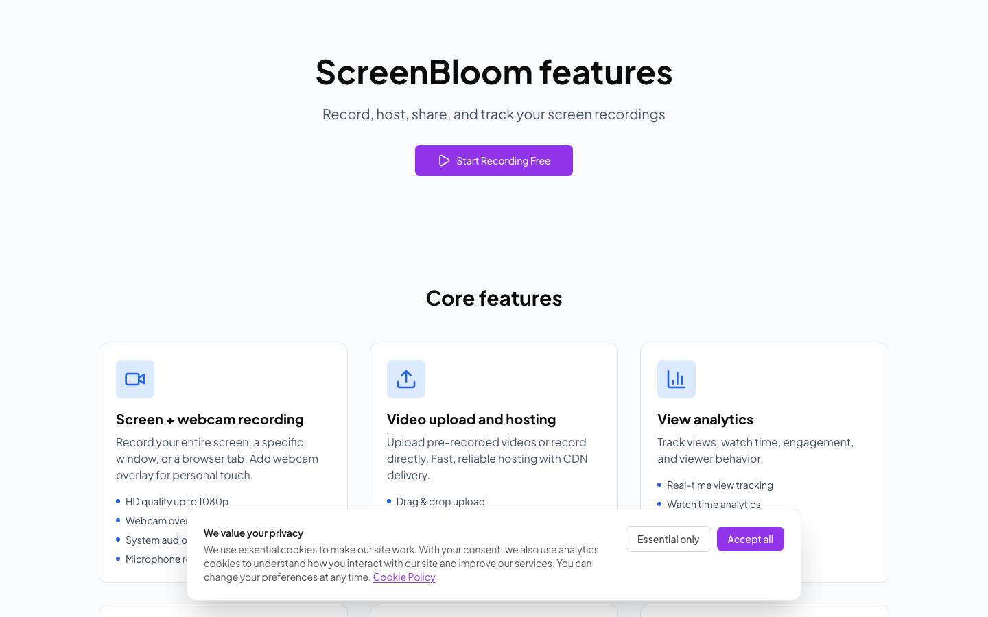 ScreenBloom features including analytics and CTA overlays