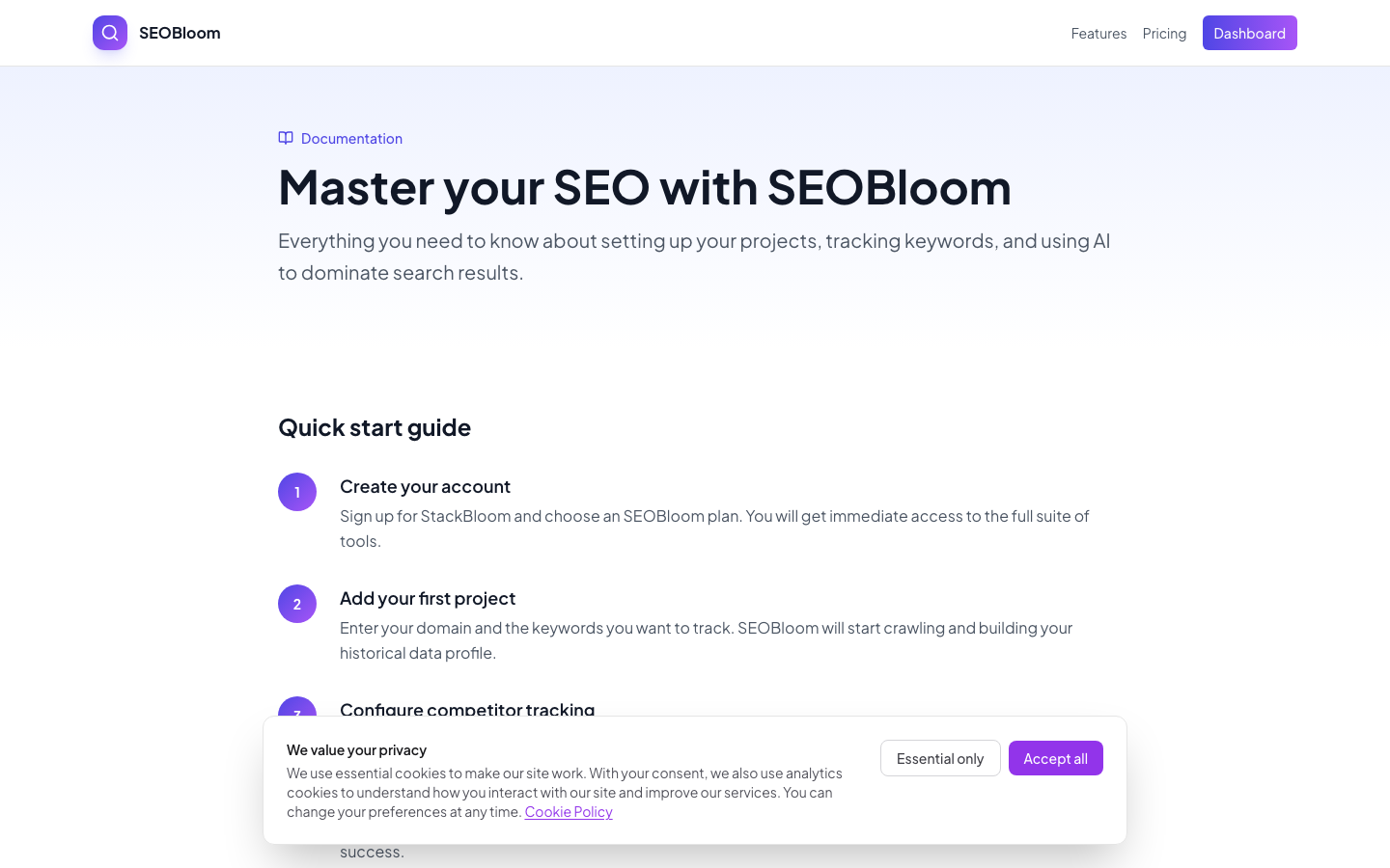 SEOBloom documentation and setup guides