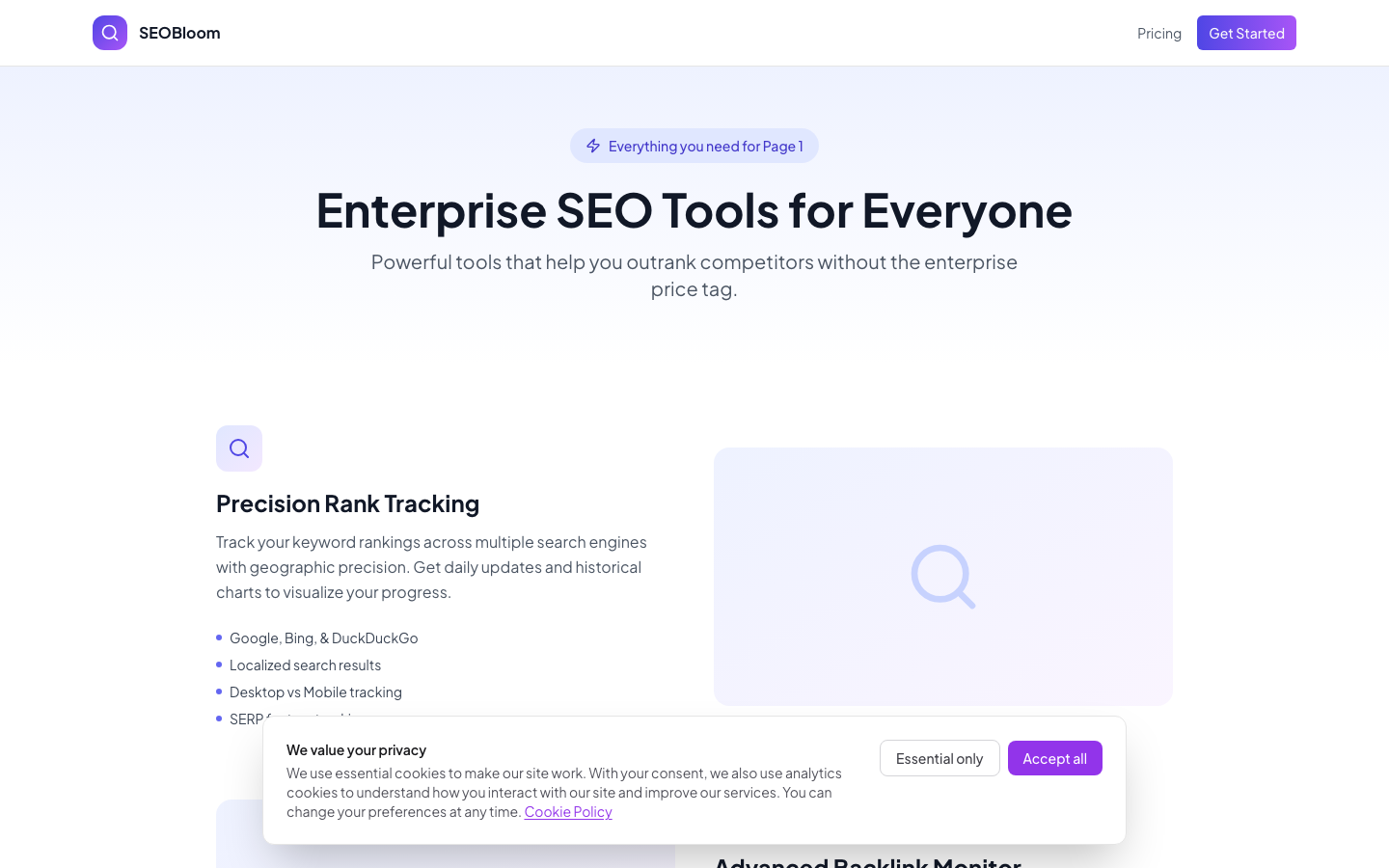 SEOBloom features including backlink monitoring and AI content optimizer