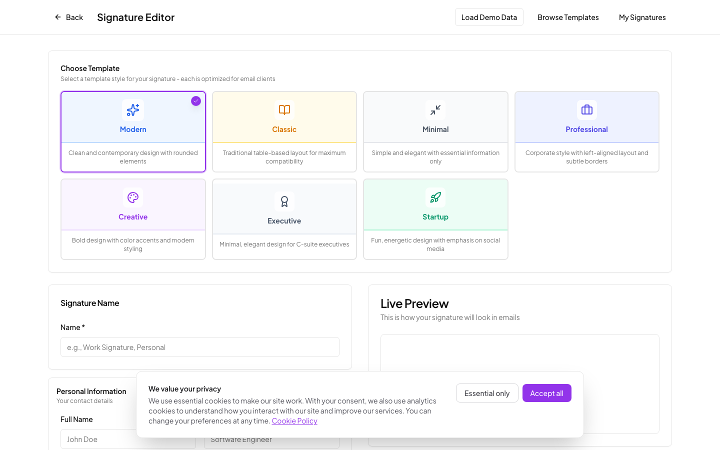 Email signature editor with live preview, template selection, and customization options