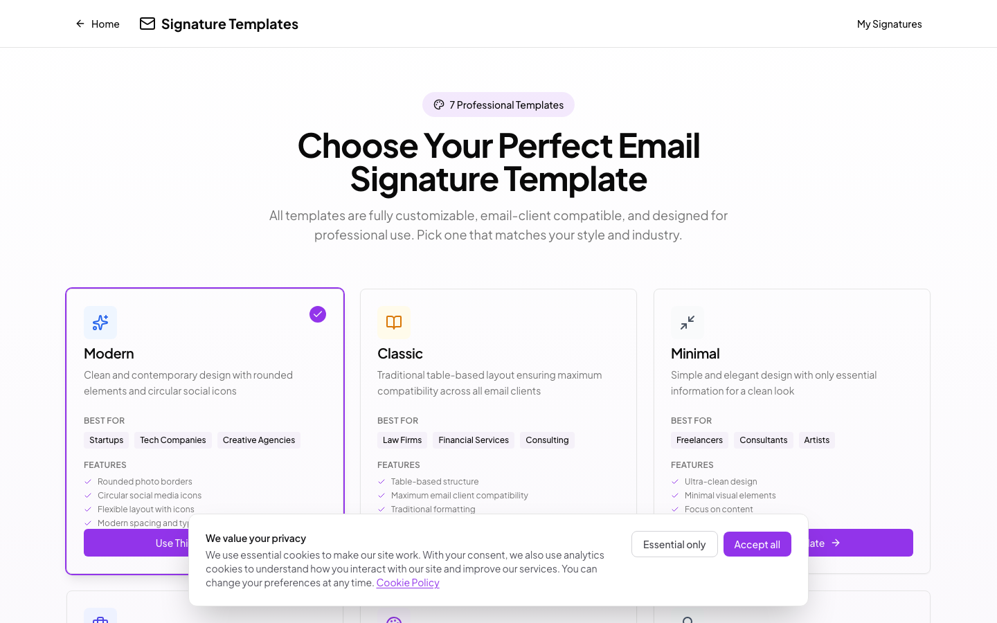 Template gallery with 7 signature styles