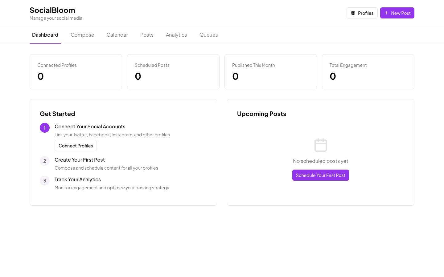 SocialBloom dashboard with scheduled posts and analytics