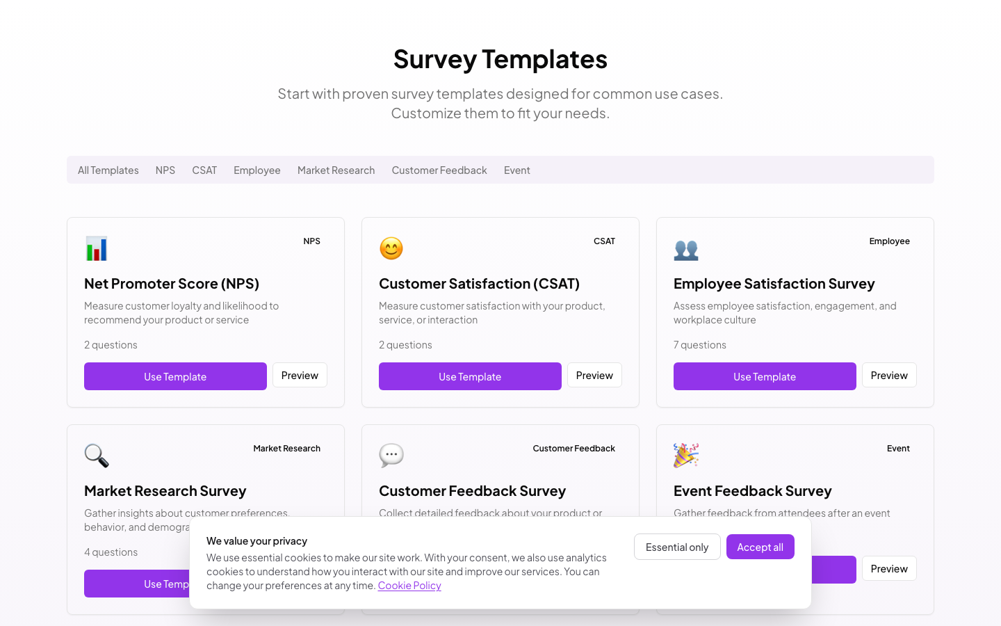 Survey template gallery with NPS, feedback, and research templates
