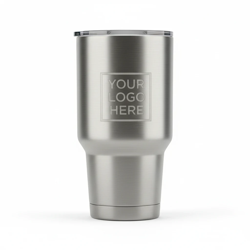 Brushed steel tumbler with laser-engraved logo